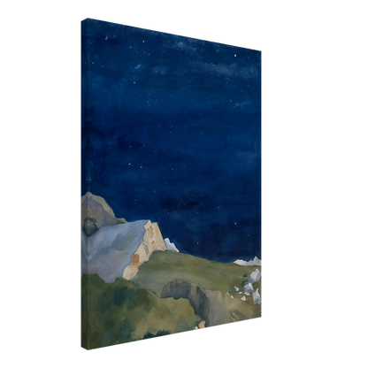 A tranquil night scene of rocky cliffs under a starlit indigo sky, evoking solitude and quiet wonder.