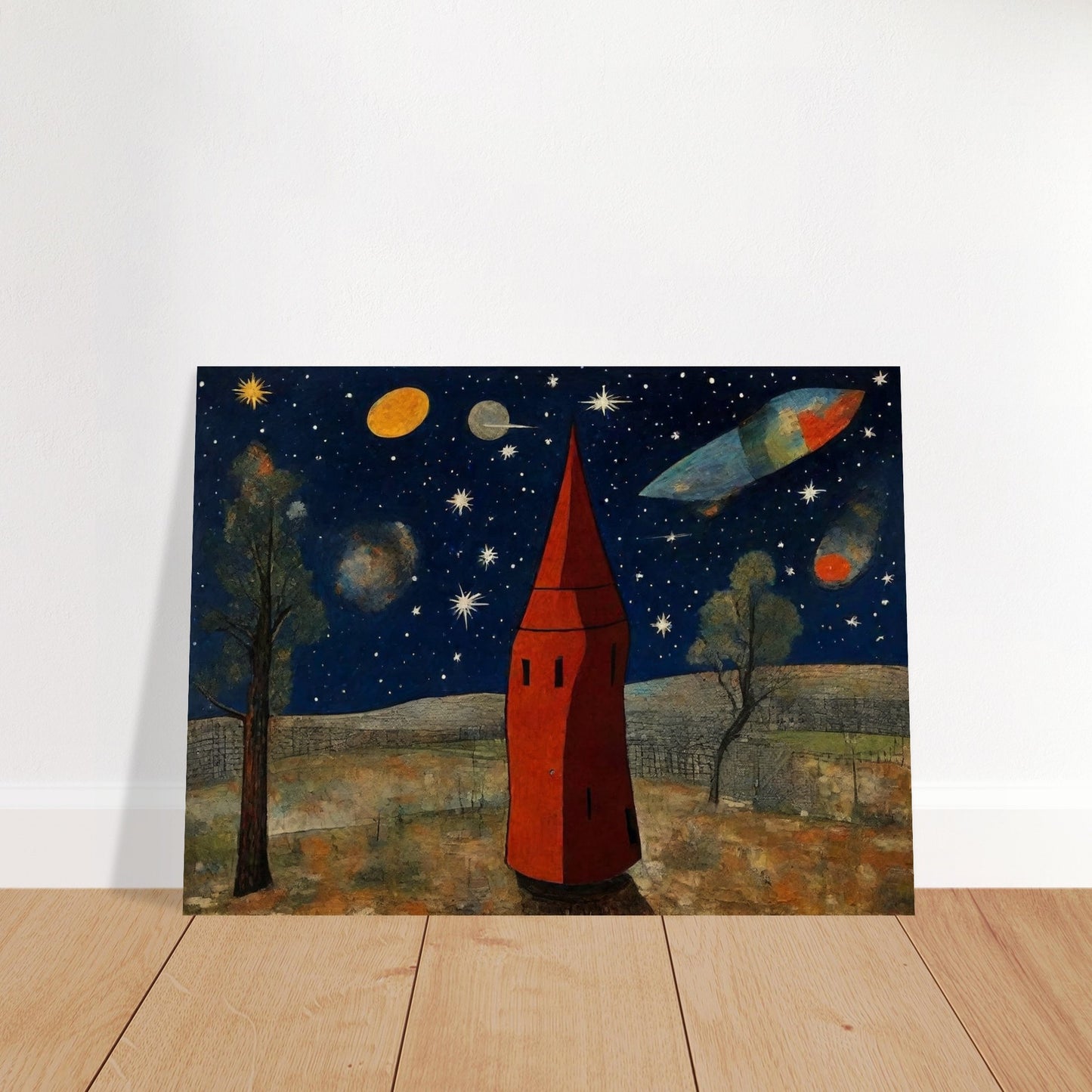 Whimsical scene of a red tower under a starry sky, with planets and a spaceship flying in a cosmic landscape surrounded by trees.