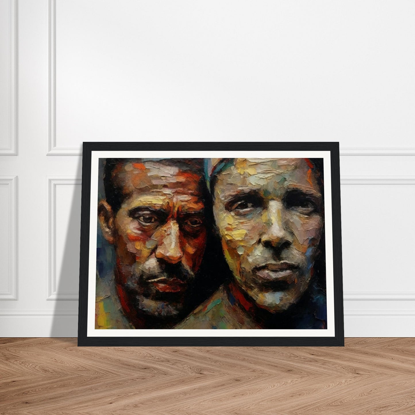 A powerful oil painting of two men with expressive, textured faces, capturing emotions and depth through vibrant brushstrokes.