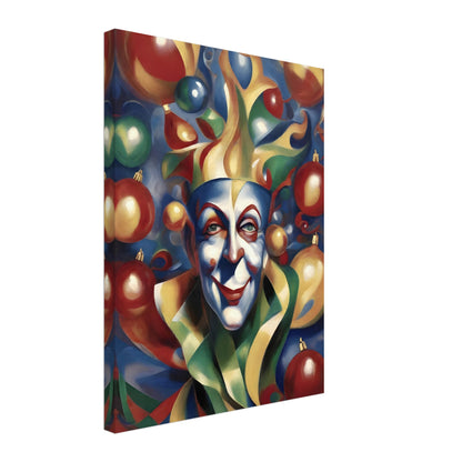 A vibrant painting of a whimsical jester with colorful face paint, surrounded by festive ornaments in red, gold, green, and blue hues.