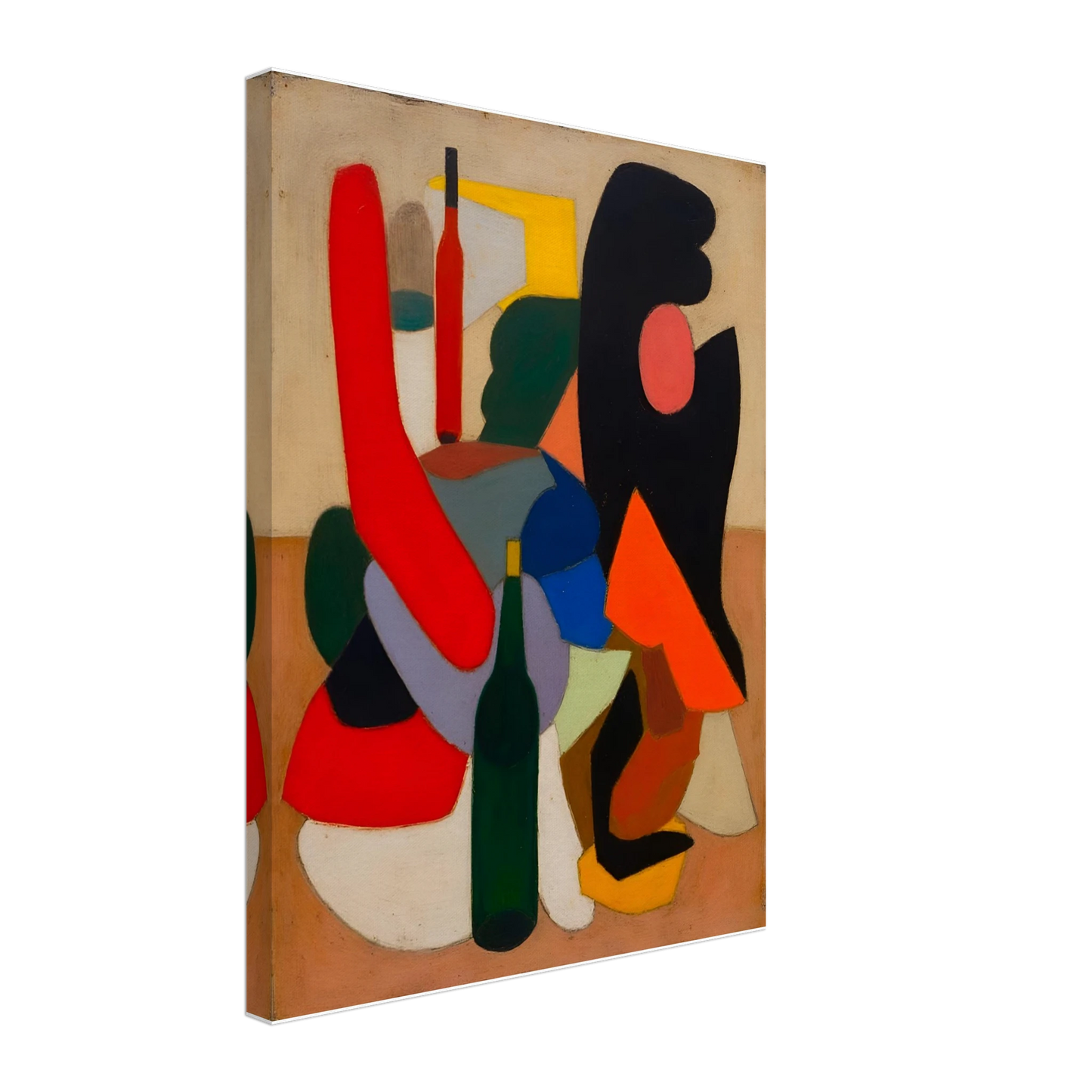Bold bottles and curved red, black, blue, and orange forms gather in a modern still life.