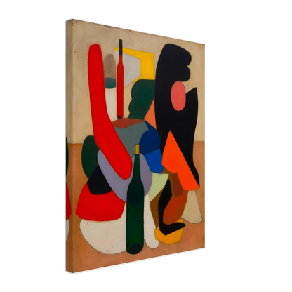 Bold bottles and curved red, black, blue, and orange forms gather in a modern still life.