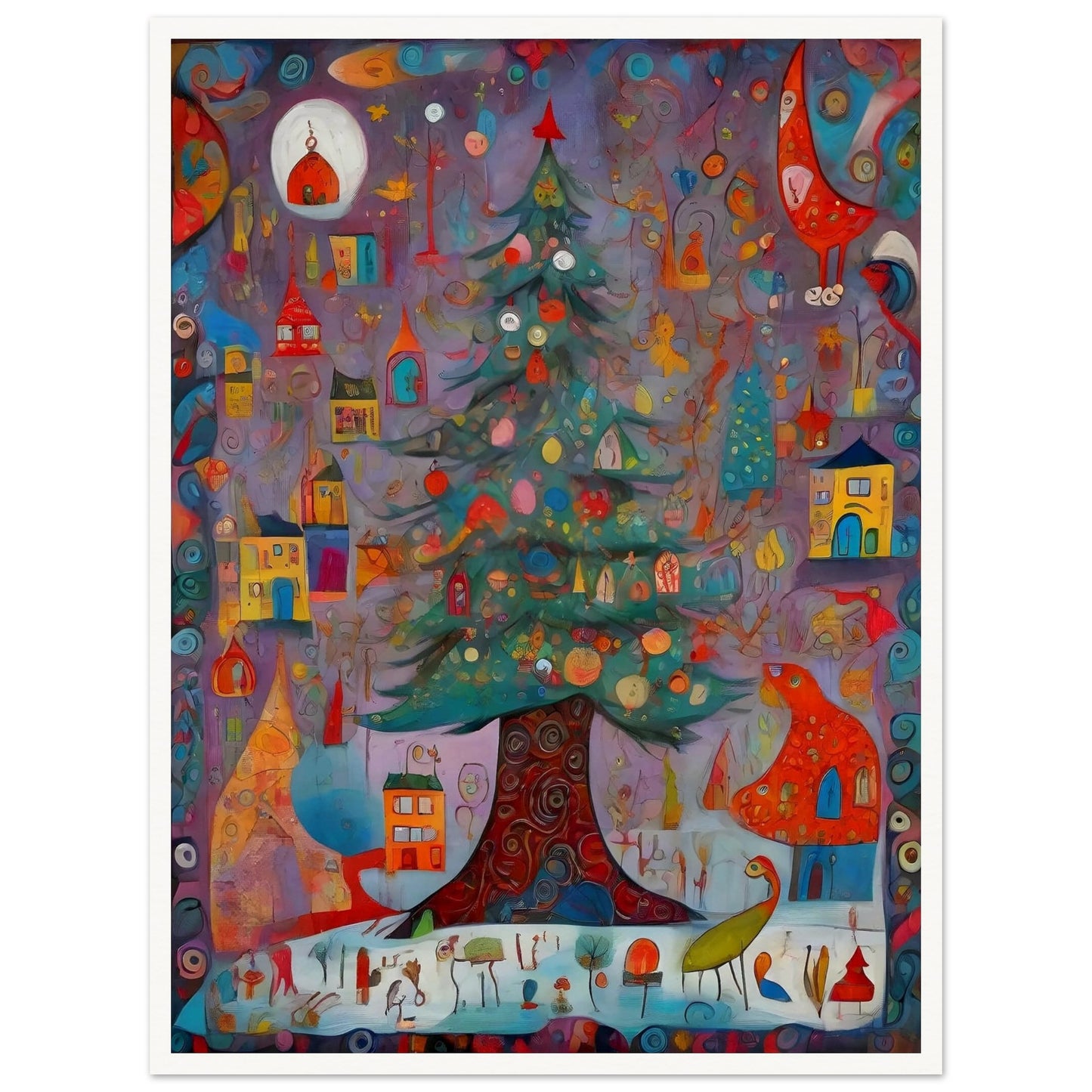 A colorful and whimsical artwork featuring a decorated Christmas tree surrounded by playful houses, birds, and festive ornaments on a vibrant purple background.