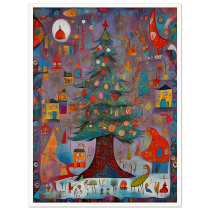 A colorful and whimsical artwork featuring a decorated Christmas tree surrounded by playful houses, birds, and festive ornaments on a vibrant purple background.