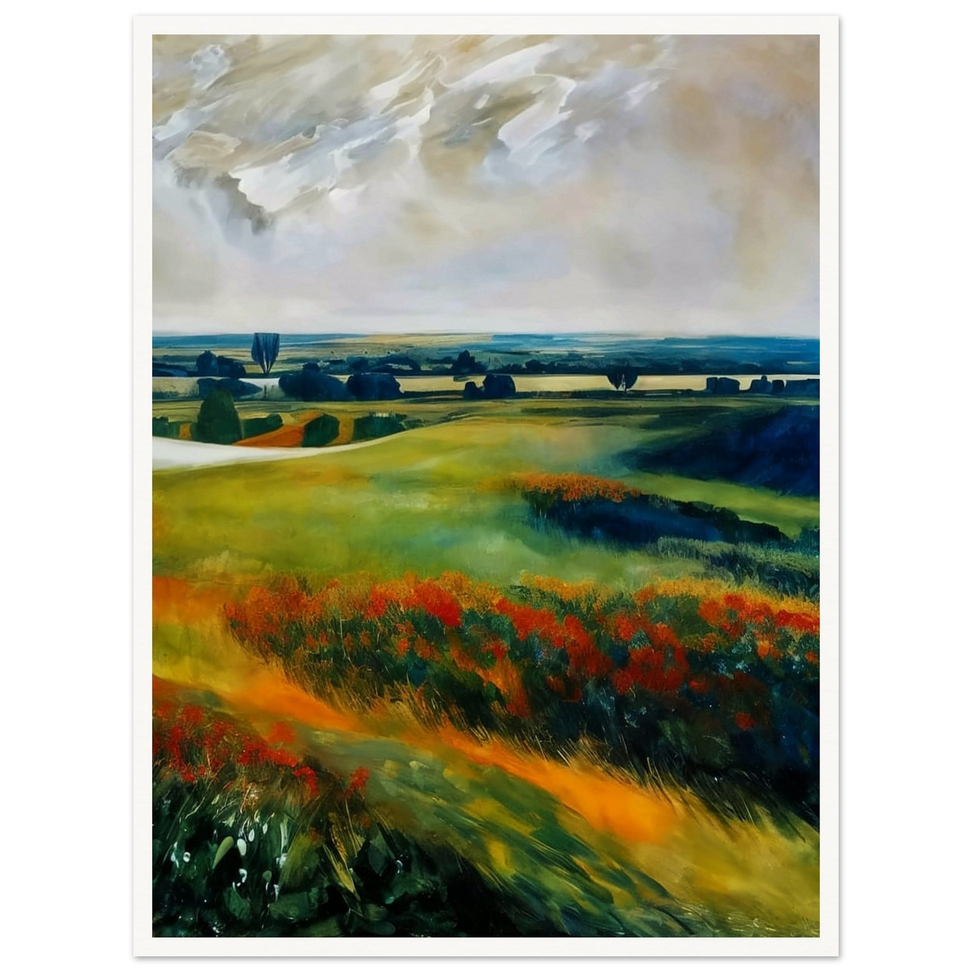 A serene landscape painting of rolling meadows with vibrant wildflowers and distant trees under a dramatic sky.