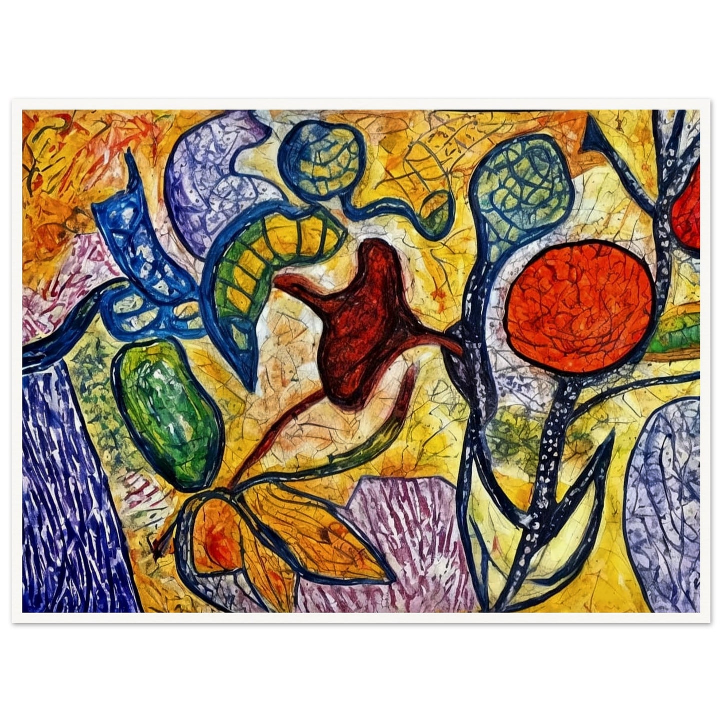 A colorful abstract painting featuring bold outlines of plants, fruits, and leaves in vibrant reds, yellows, blues, and greens