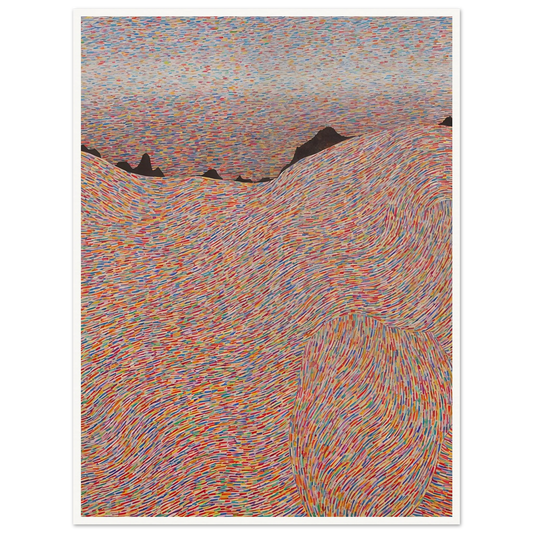 Flowing hills made of multicolored strokes rise into jagged black mountains under a sky streaked with fine colorful marks.