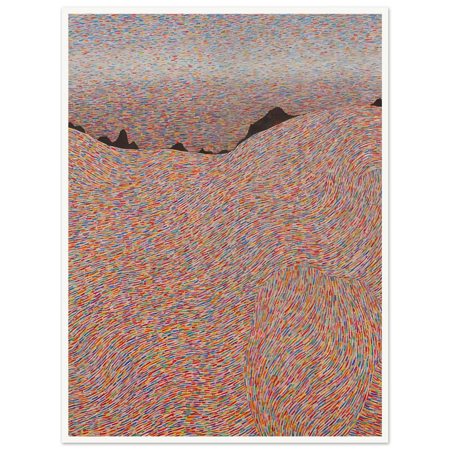 Flowing hills made of multicolored strokes rise into jagged black mountains under a sky streaked with fine colorful marks.