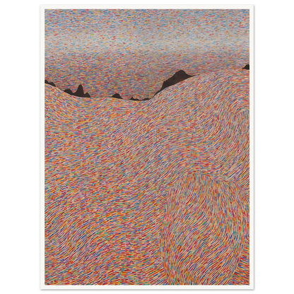 Flowing hills made of multicolored strokes rise into jagged black mountains under a sky streaked with fine colorful marks.