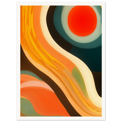 An abstract artwork featuring bold, flowing curves in shades of orange, yellow, and teal, with a vibrant red circular sun at the top.