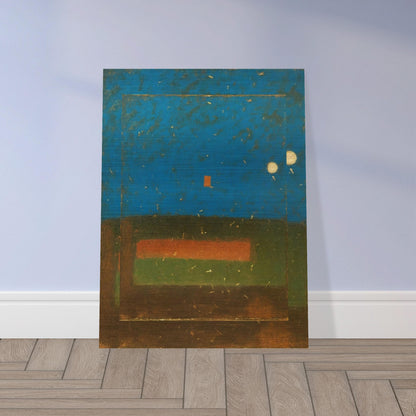 Minimalist painting featuring a deep blue sky with two glowing moons and a small orange square over a layered earth-toned foreground.