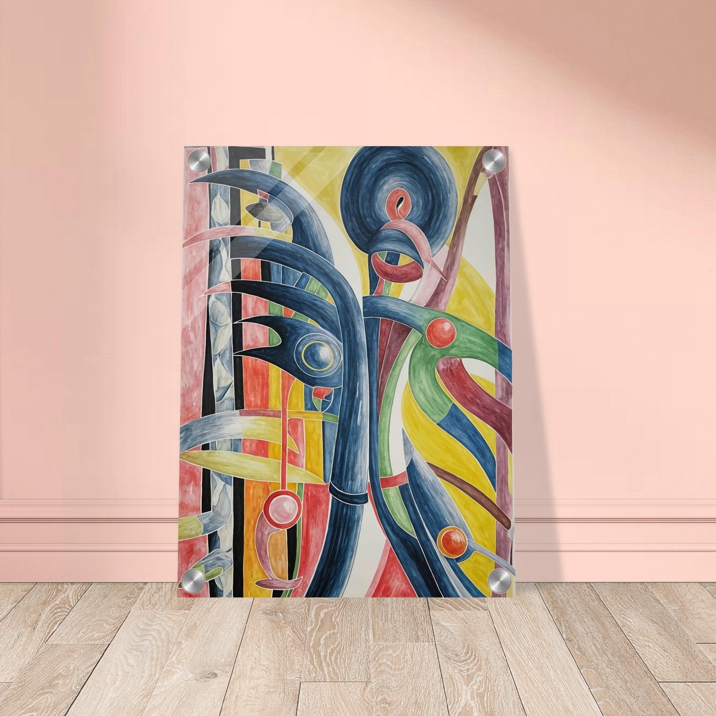 An abstract artwork featuring dynamic curves and circles in bold, contrasting colors, evoking movement and energy.