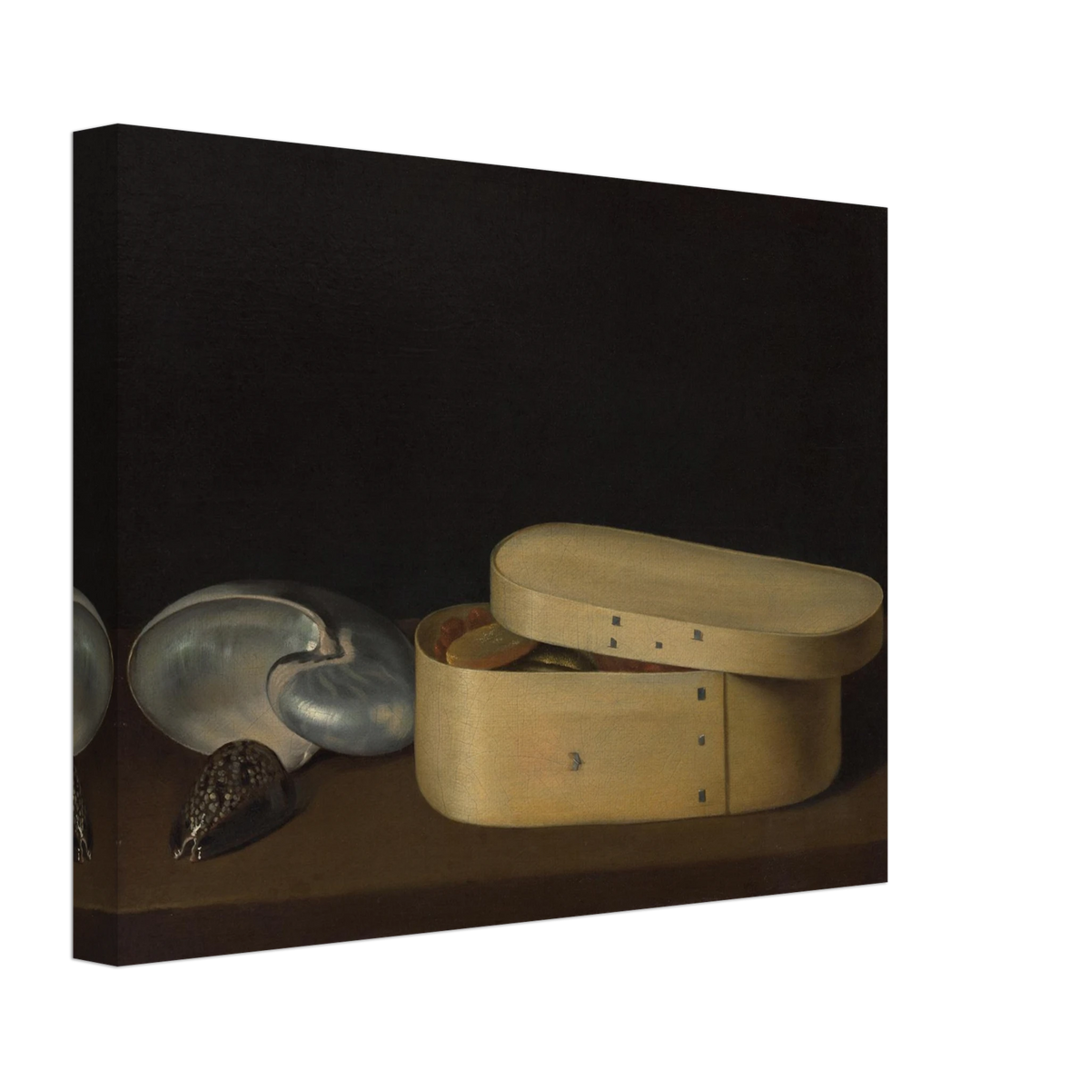 A chip-wood box with shells, dried fruit, and fish rests against a dark background.