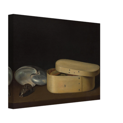 A chip-wood box with shells, dried fruit, and fish rests against a dark background.