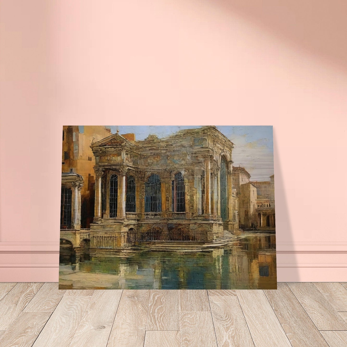 A grand, classical building with intricate columns and large windows, reflected in the calm waters of a historic European cityscape.