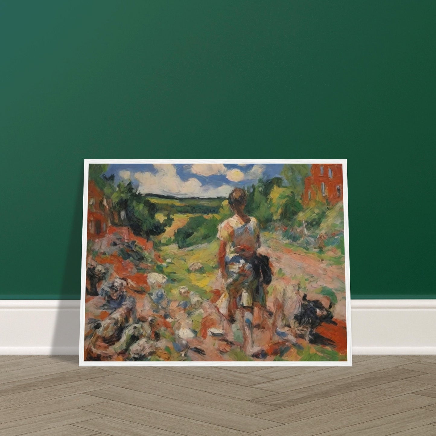 An expressive painting of a shepherd walking with a flock of sheep along a colorful, scenic countryside path.