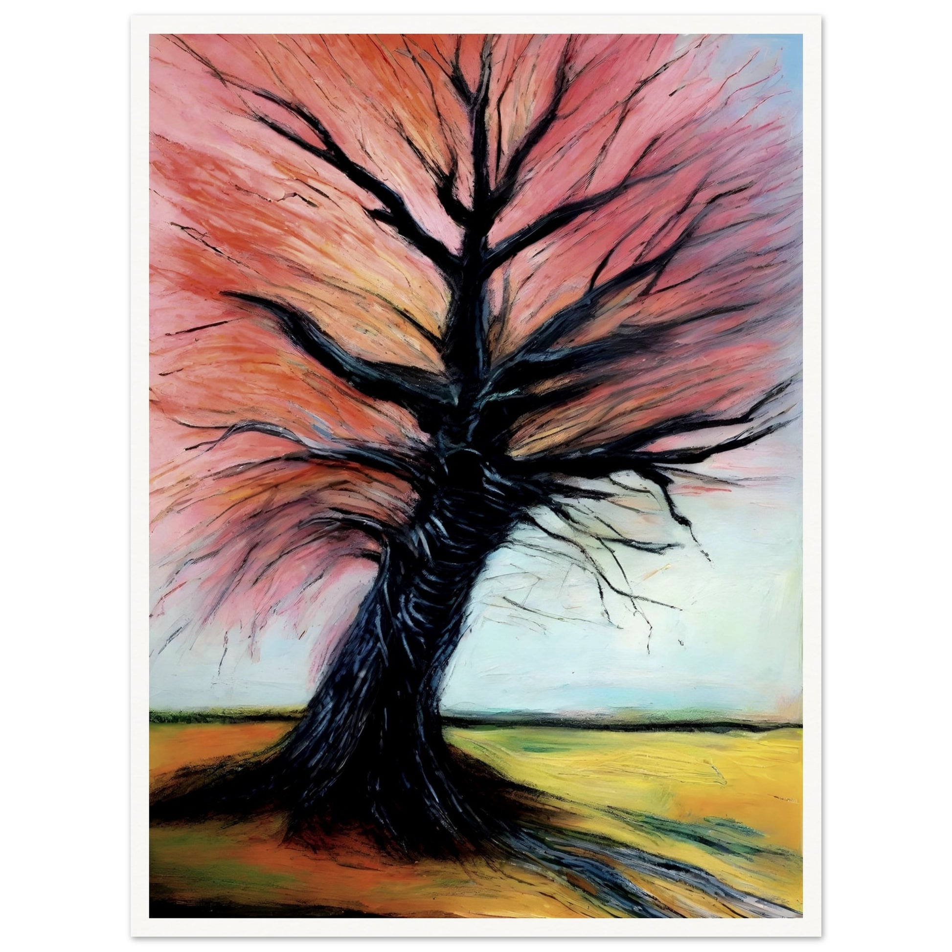 A captivating painting of a twisted tree with dark branches and vibrant pink and orange leaves, set against a serene countryside.