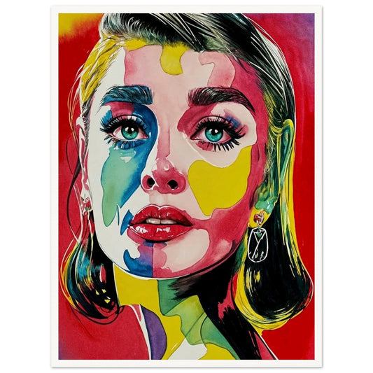 A striking portrait of a woman with vivid colors painted across her face, featuring bold reds, blues, yellows, and greens, with intense, captivating eyes.