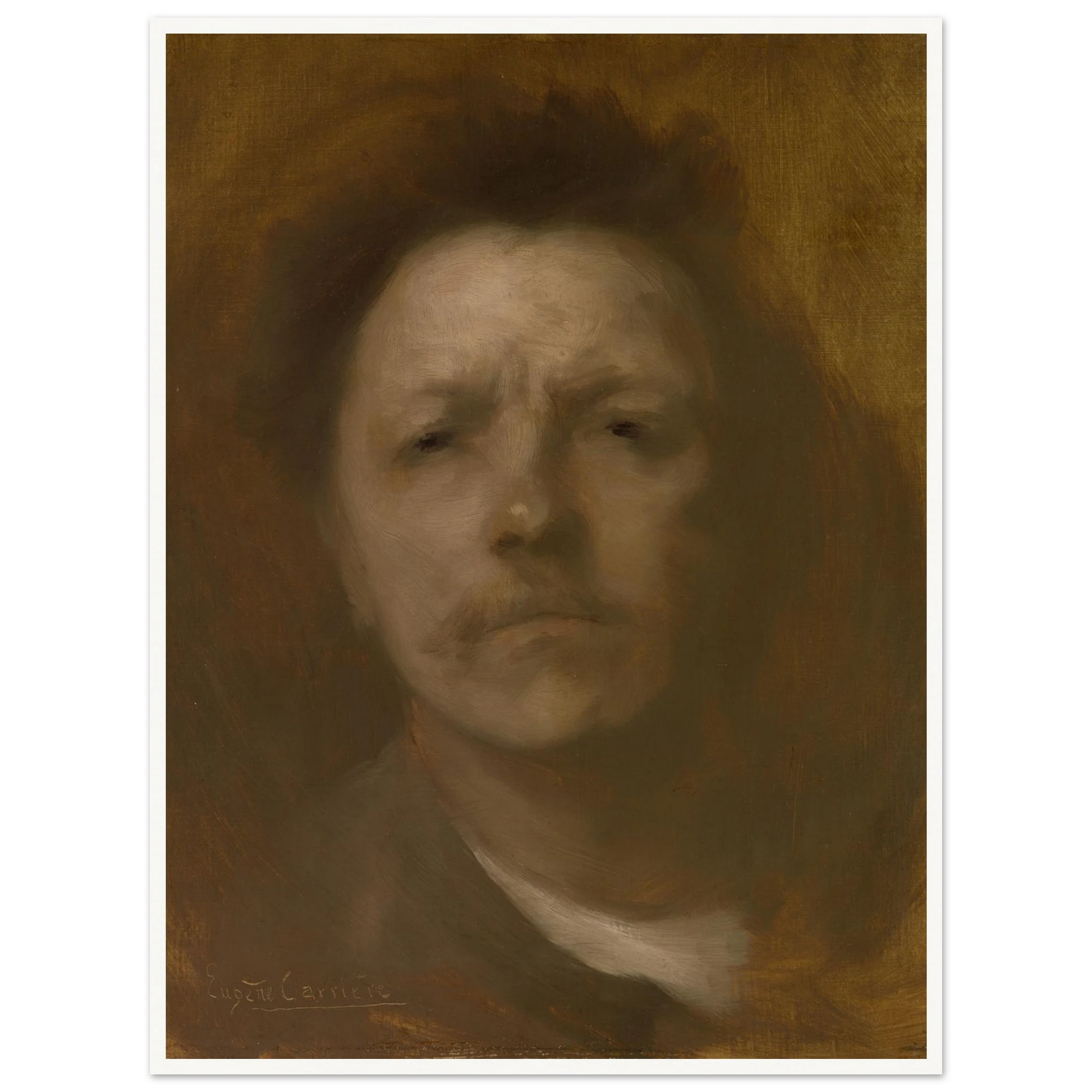 Hazy self-portrait of Eugène Carrière emerging from a brown background