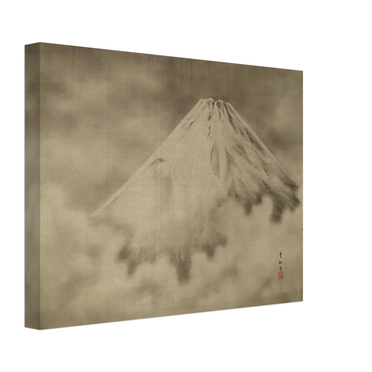Snow-covered Mount Fuji rises through misty clouds in a soft monochrome Japanese landscape.