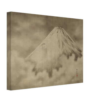 Snow-covered Mount Fuji rises through misty clouds in a soft monochrome Japanese landscape.