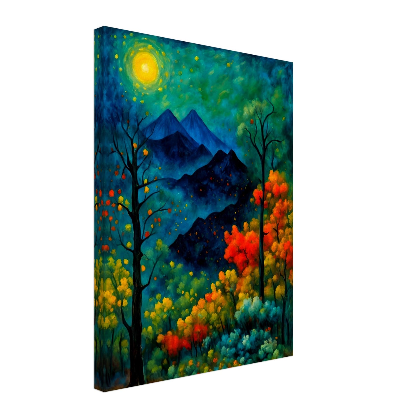 A vibrant, mystical forest with glowing autumn trees, a bright golden moon, and distant mountains under a deep blue-green night sky.