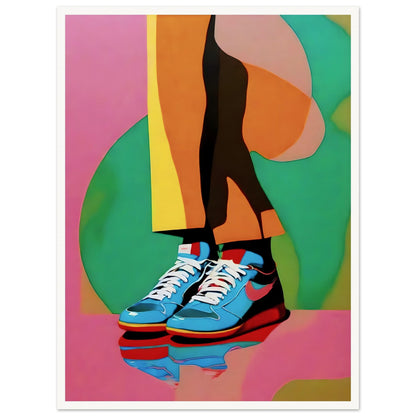 A modern artwork showcasing vibrant legs in bold-colored pants and blue sneakers, set against a bright pink and green abstract background.