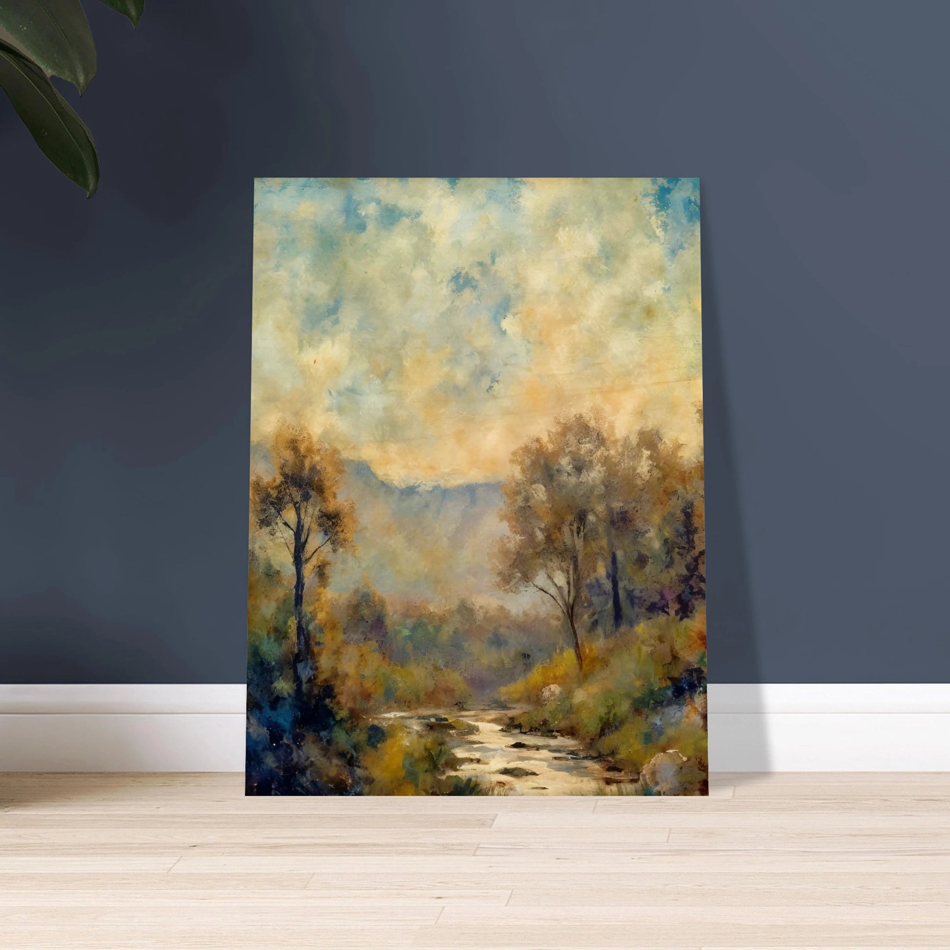 A misty river winds through a sun-dappled forest with soft blue mountains and cloudy skies in the distance.