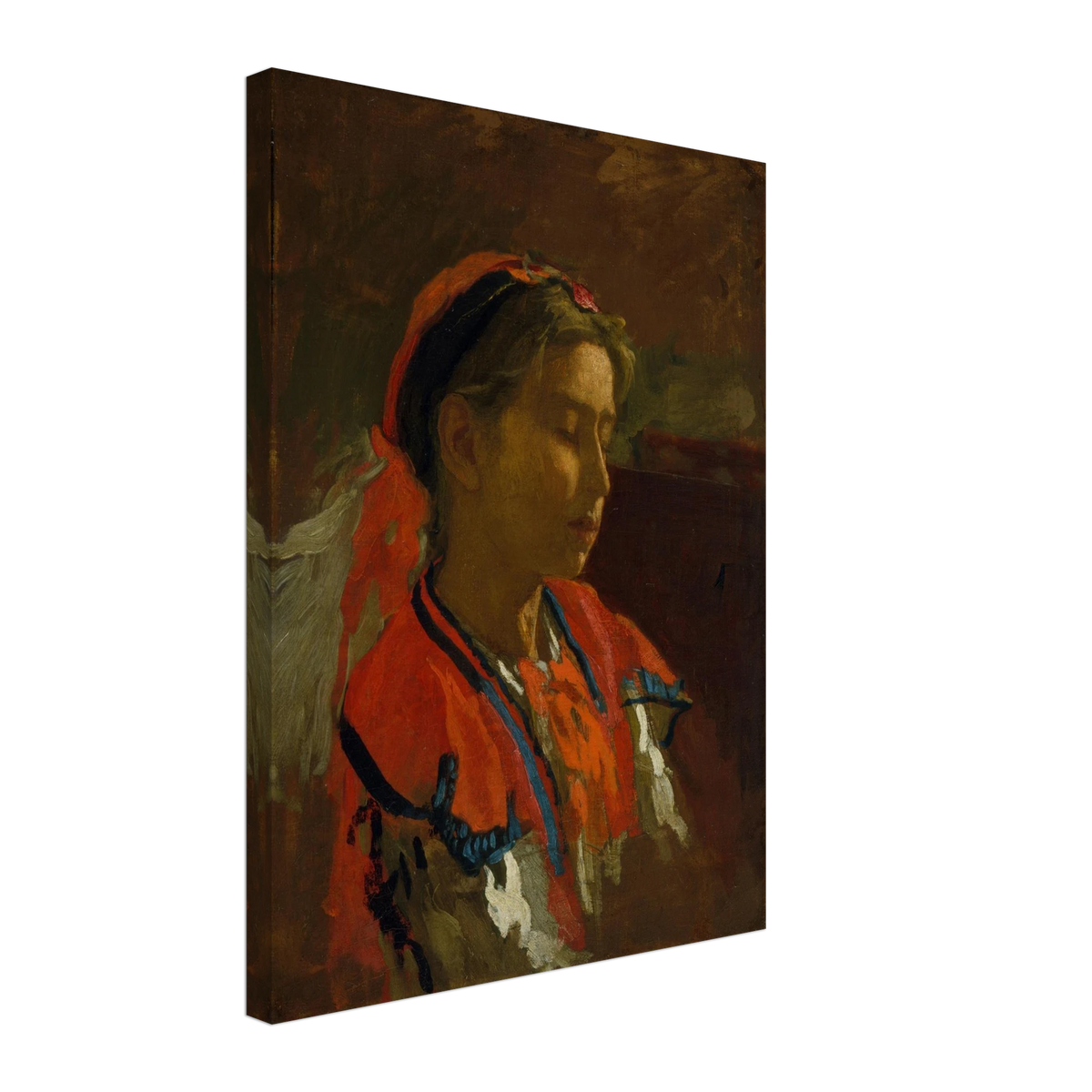 A girl depicted in profile looking downward, wearing a vibrant red headscarf and traditional embroidered folk attire.