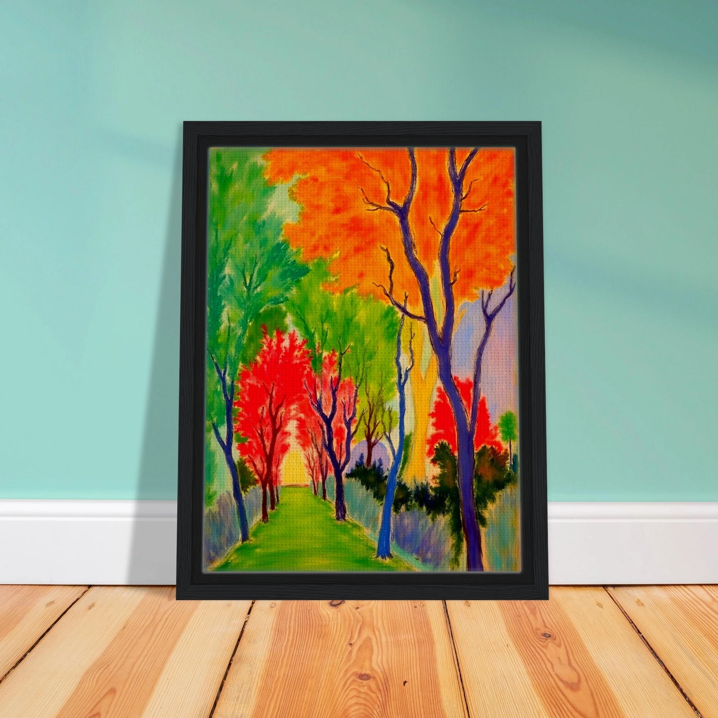 A vivid forest pathway glowing with fiery orange, green, and red trees, symbolizing nature’s changing seasons and renewal.