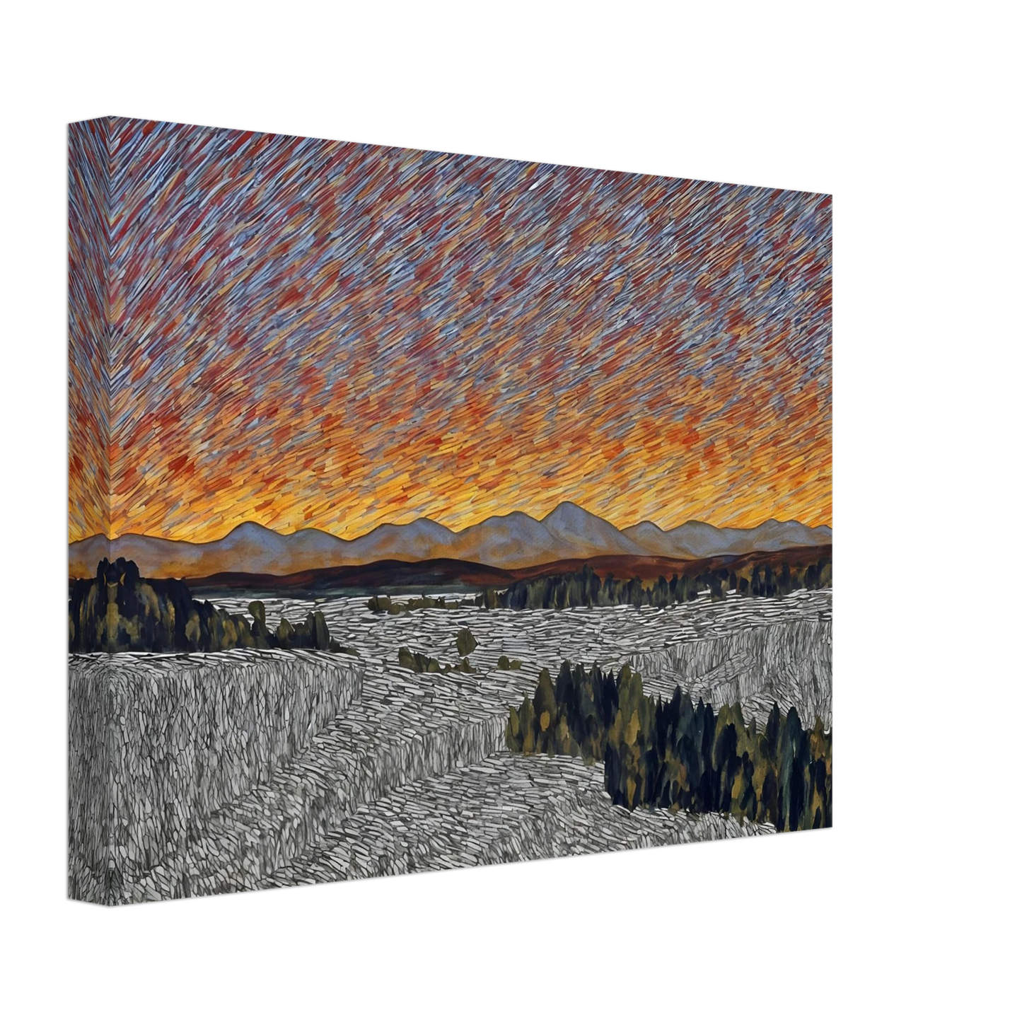 Vibrant orange sunset over distant mountains with textured sky and patterned fields in the foreground.