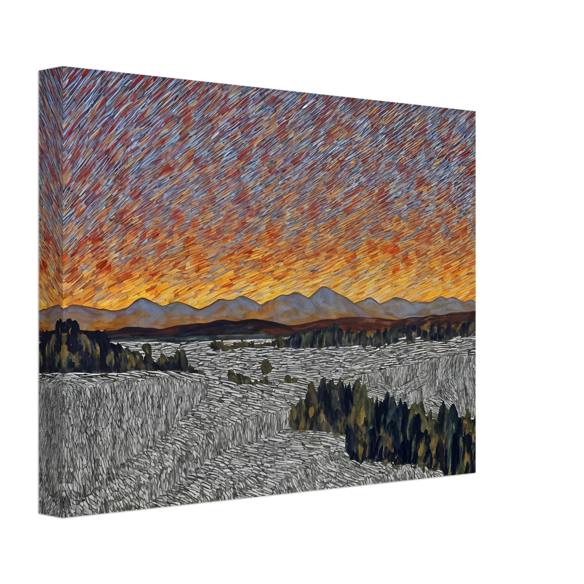 Vibrant orange sunset over distant mountains with textured sky and patterned fields in the foreground.