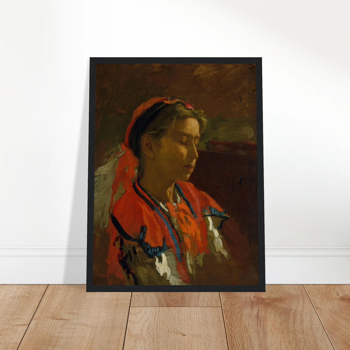 A girl depicted in profile looking downward, wearing a vibrant red headscarf and traditional embroidered folk attire.