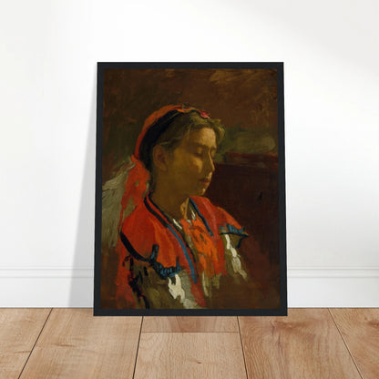 A girl depicted in profile looking downward, wearing a vibrant red headscarf and traditional embroidered folk attire.