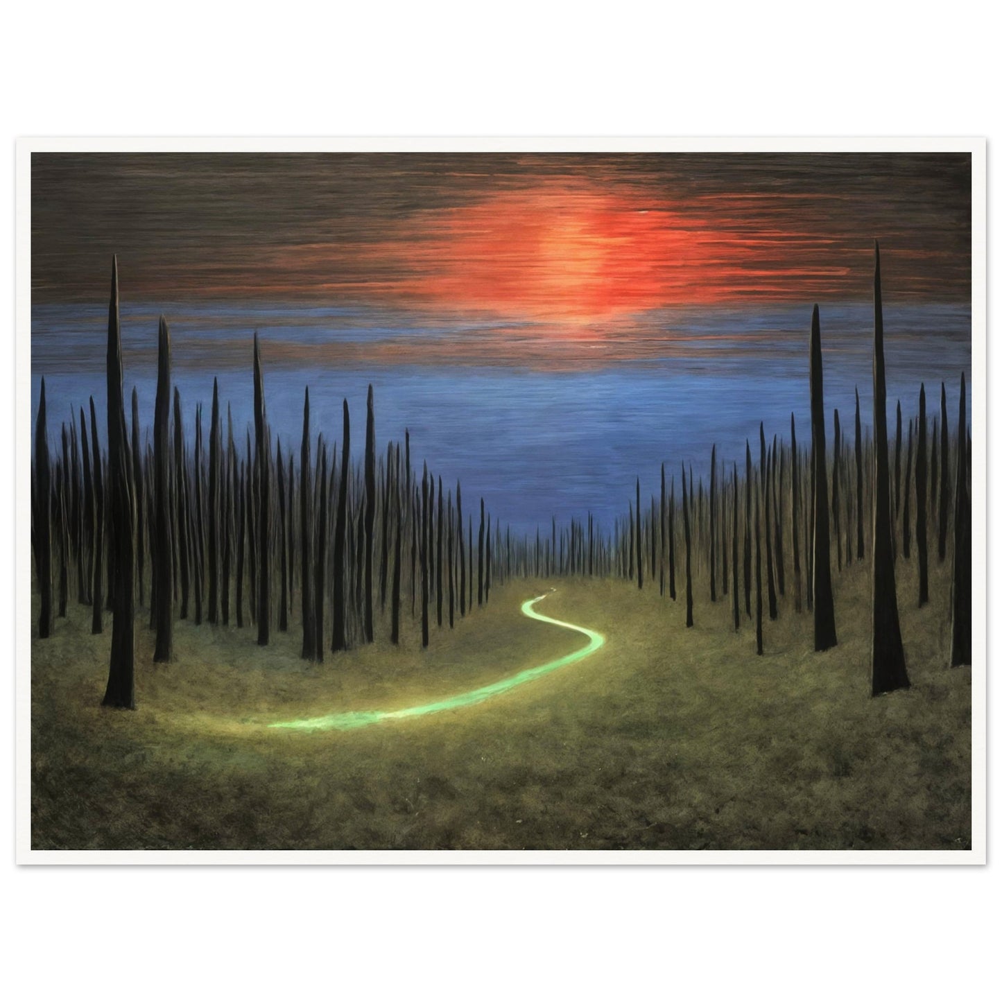 A surreal painting of a glowing green path cutting through a field of tall, dark spires under a vibrant sunset sky.