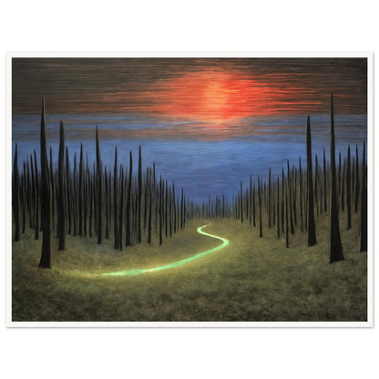 A surreal painting of a glowing green path cutting through a field of tall, dark spires under a vibrant sunset sky.