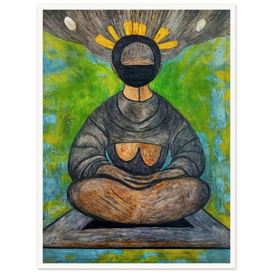 An abstract depiction of a meditative figure seated in a cross-legged position with a halo-like crown of yellow rays, set against a vibrant green and blue background, symbolizing tranquility and spiritual reflection.