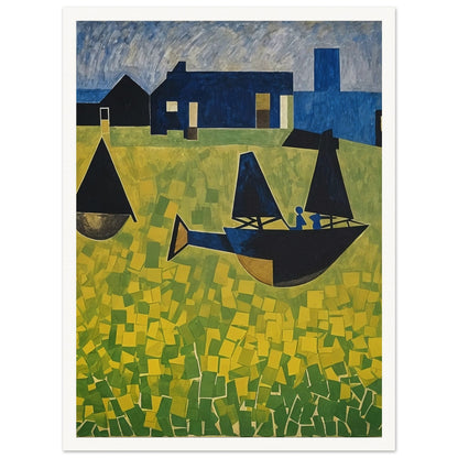 A vibrant abstract painting featuring stylized boats with dark sails floating on a sea of yellow and green geometric patterns, set against a backdrop of blue houses and a tower under a textured sky.