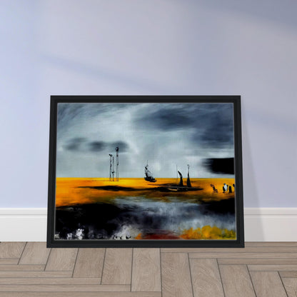 Surreal painting of a golden seascape with dark, dramatic clouds, featuring boats and abstract structures against a vivid sky.