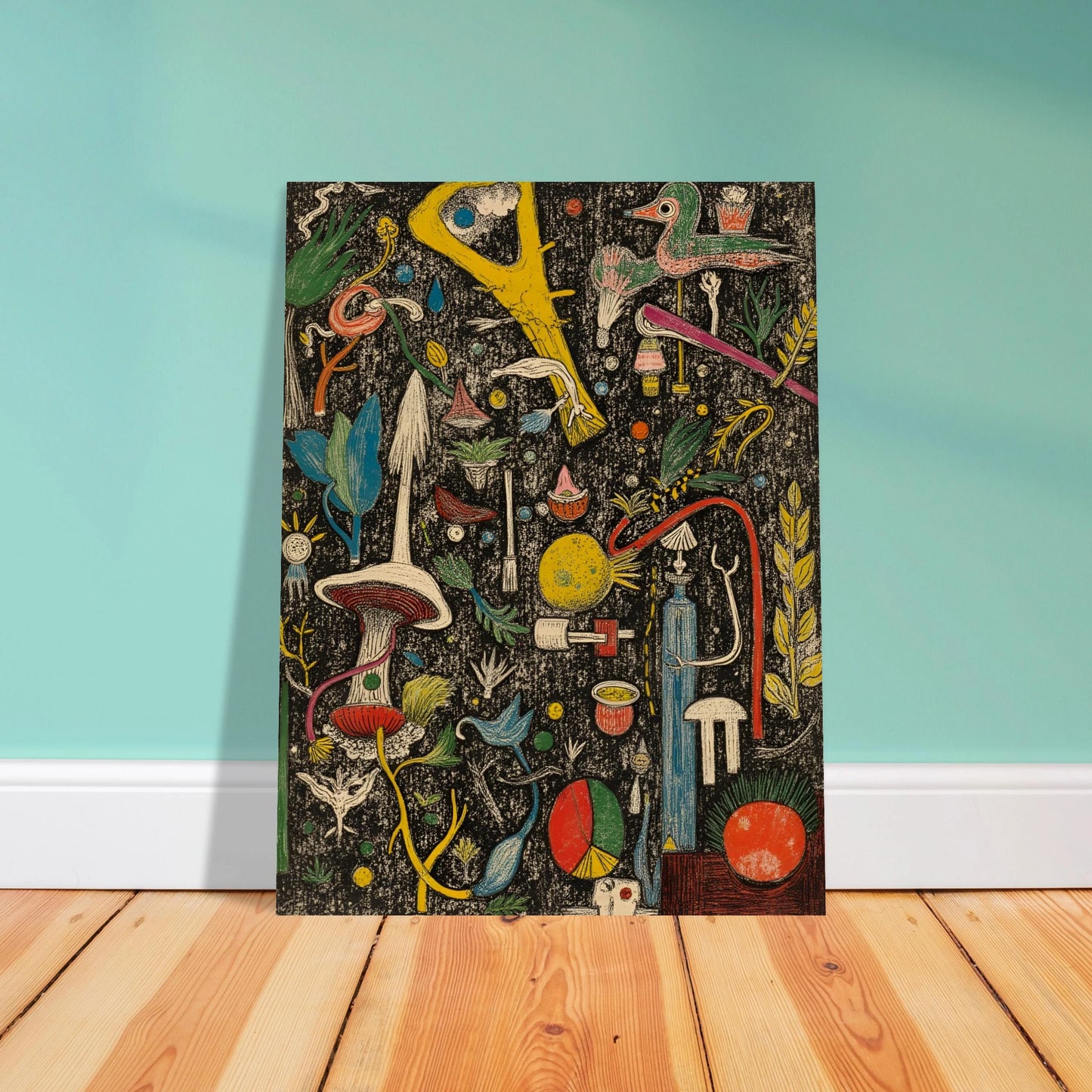 A dense and whimsical collage of surreal plants, tools, birds, and symbols scattered over a textured black background.