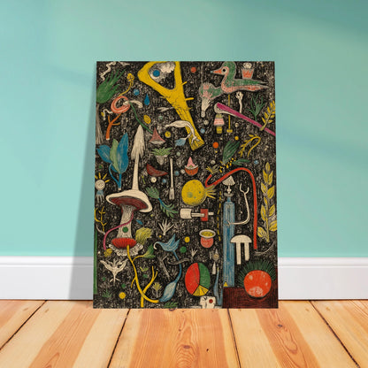 A dense and whimsical collage of surreal plants, tools, birds, and symbols scattered over a textured black background.