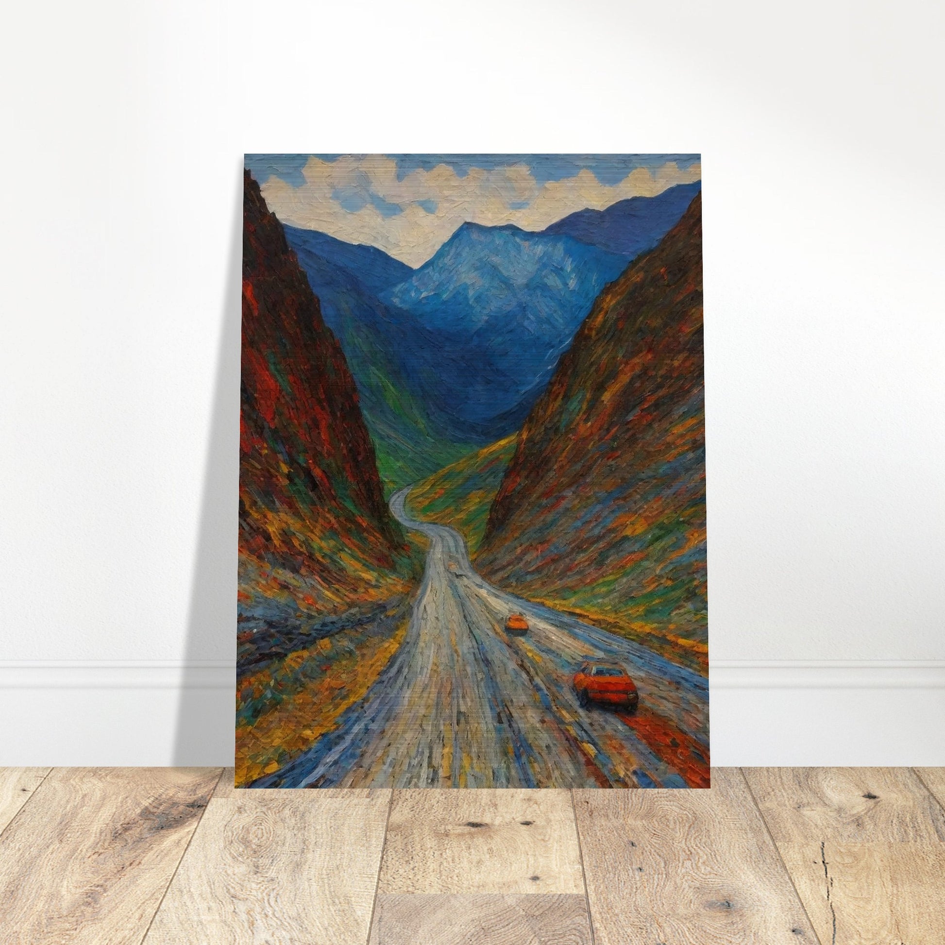 A vivid painting depicting a winding road through a colorful, mountainous landscape with two orange cars traveling along it.