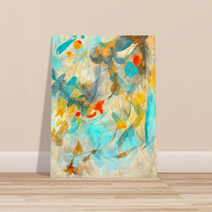 A delicate abstract painting with soft blue, yellow, and orange tones blending harmoniously, evoking the fluidity of nature's elements.