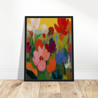 Bright flowers in red, pink, blue, and white rise from green stems against a golden yellow sky.