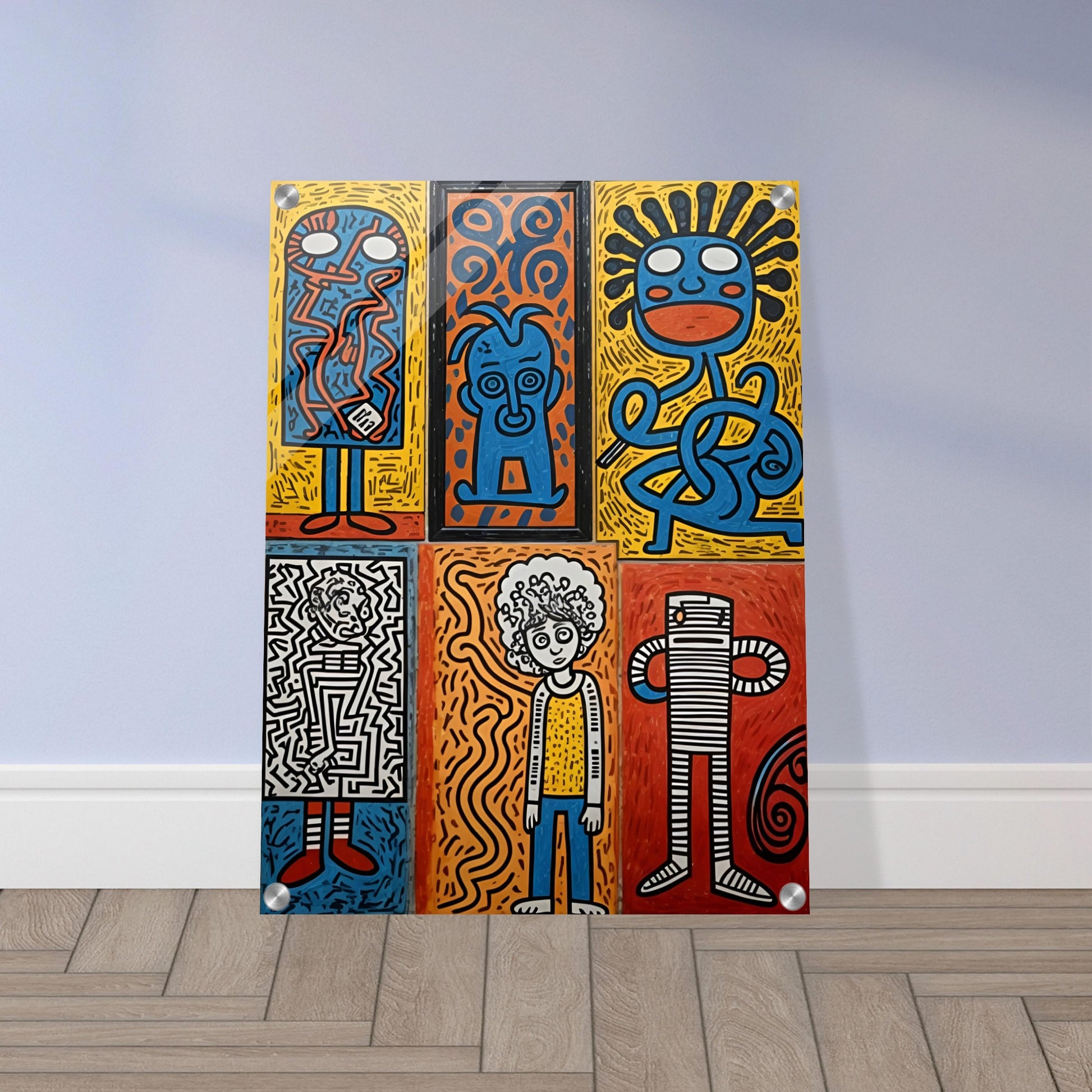 A bold and colorful artwork featuring six unique abstract faces in a pop-art style, with vibrant blues, reds, yellows, and intricate patterns.