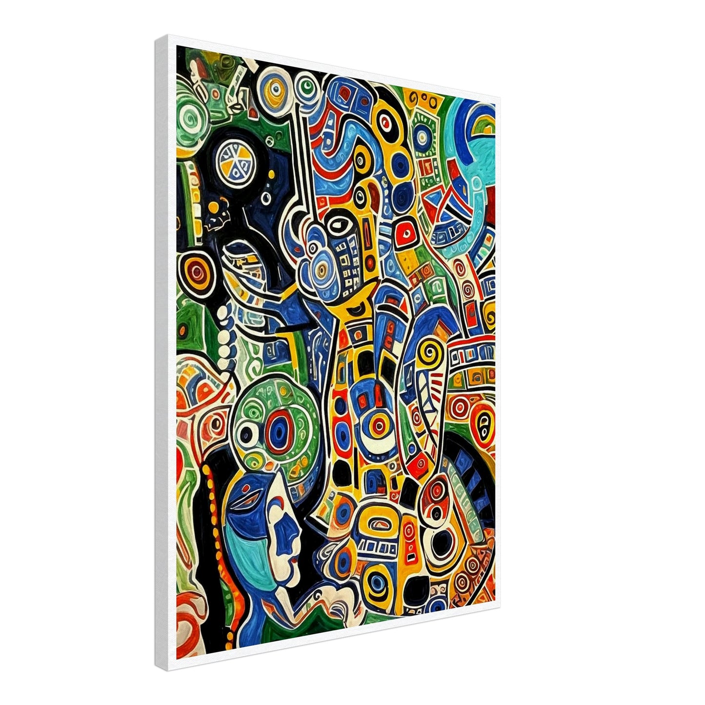 Bold and intricate abstract patterns in vibrant colors like blue, red, yellow, and green, forming a dynamic and energetic composition of swirling shapes.