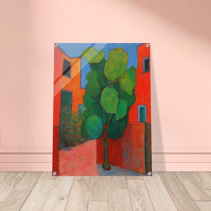 A vibrant painting depicting a green tree in the courtyard of red buildings. The bold colors and abstract style create a lively and dynamic urban scene.