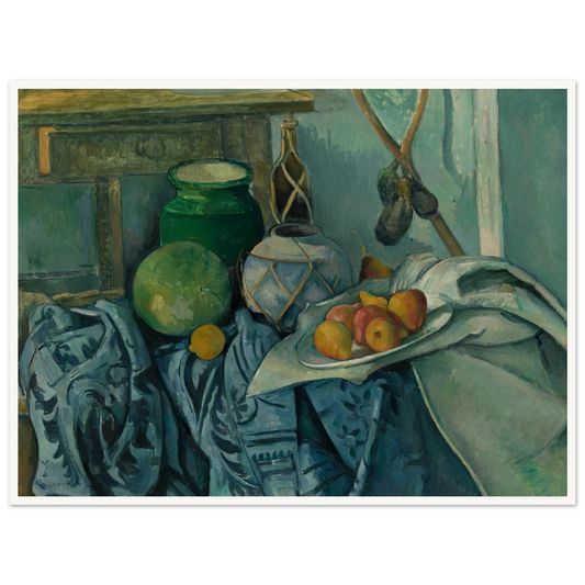 Ginger jar, green pot, fruit, cloth, and hanging eggplants arranged in a blue-toned still life