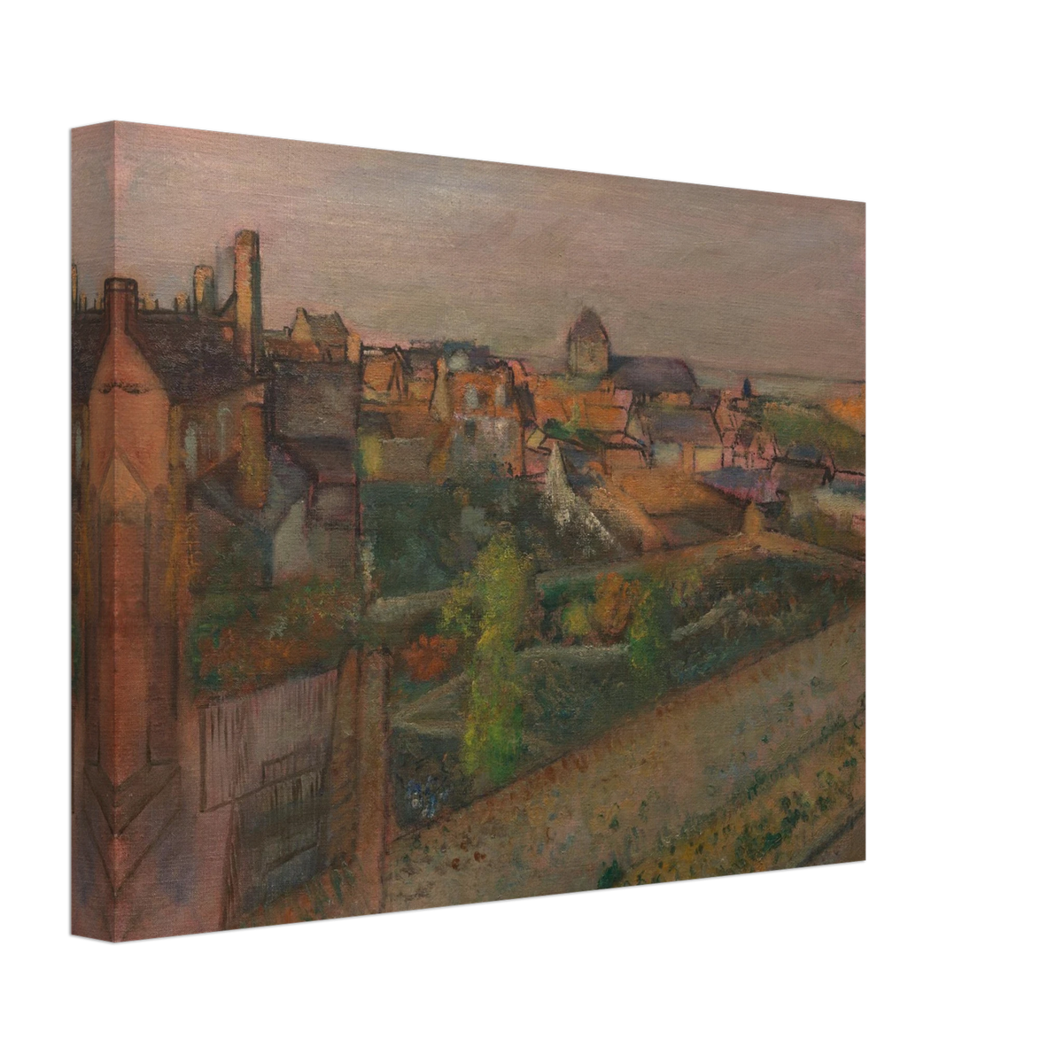 A high view of Saint-Valéry-sur-Somme with rooftops, gardens, and distant water under a pale sky.