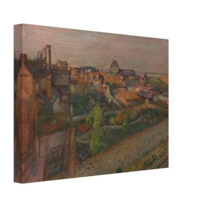 A high view of Saint-Valéry-sur-Somme with rooftops, gardens, and distant water under a pale sky.